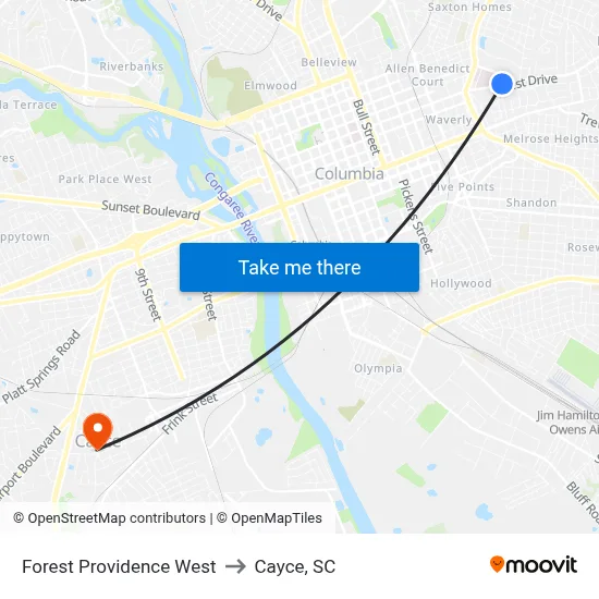 Forest Providence West to Cayce, SC map