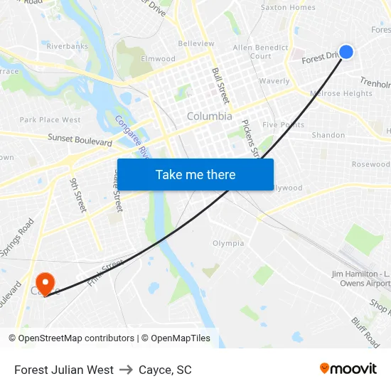 Forest Julian West to Cayce, SC map