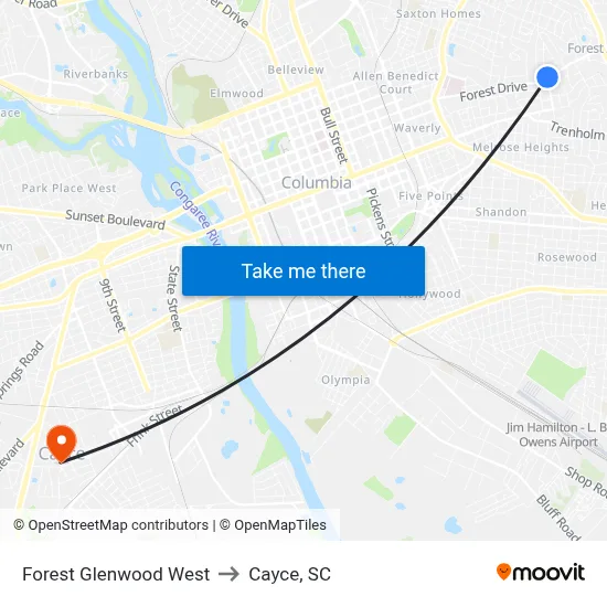 Forest Glenwood West to Cayce, SC map