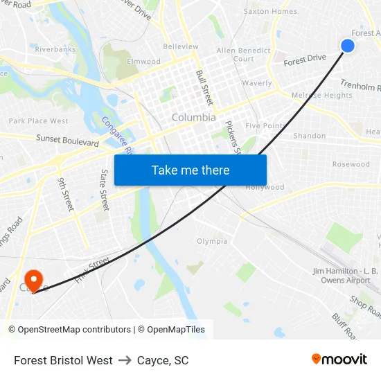 Forest Bristol West to Cayce, SC map