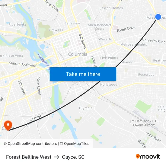 Forest Beltline West to Cayce, SC map