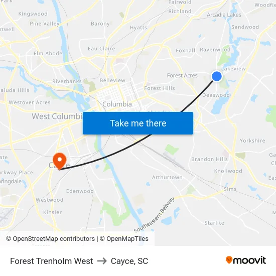 Forest Trenholm West to Cayce, SC map