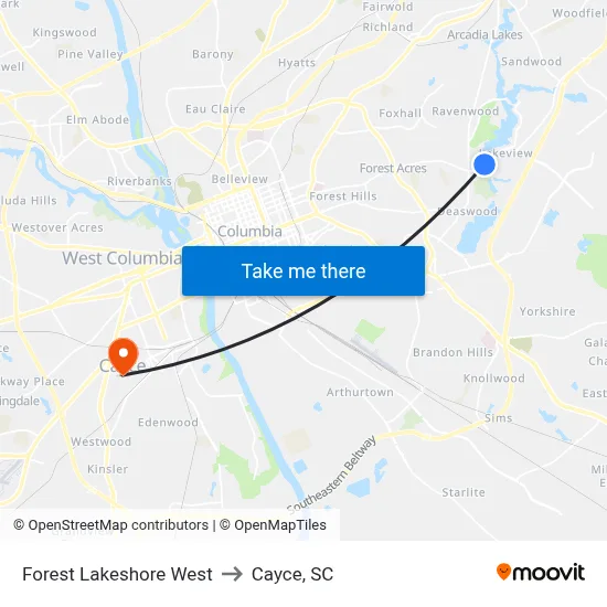 Forest Lakeshore West to Cayce, SC map