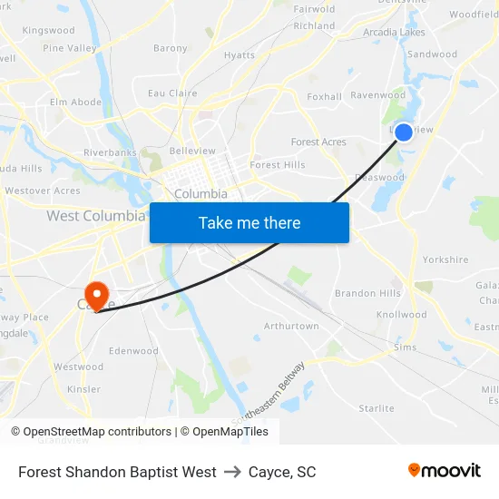 Forest Shandon Baptist West to Cayce, SC map