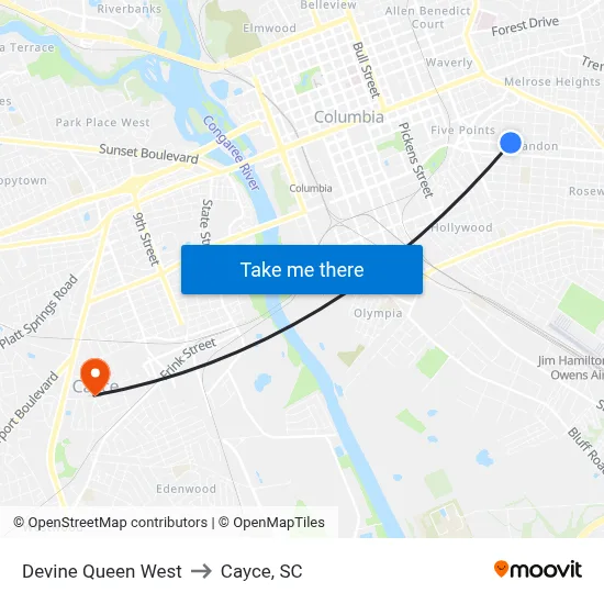 Devine Queen West to Cayce, SC map