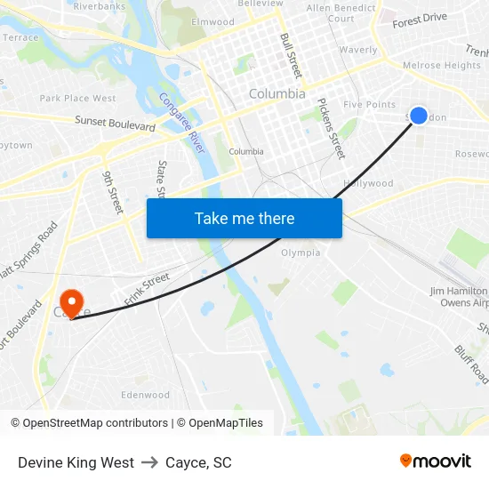 Devine King West to Cayce, SC map