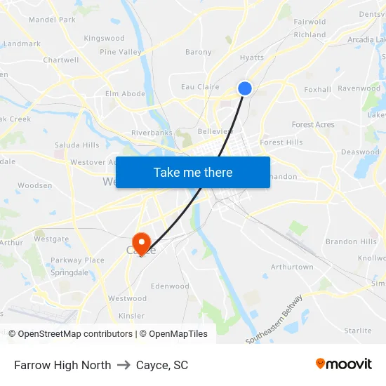 Farrow High North to Cayce, SC map