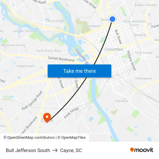 Bull Jefferson South to Cayce, SC map