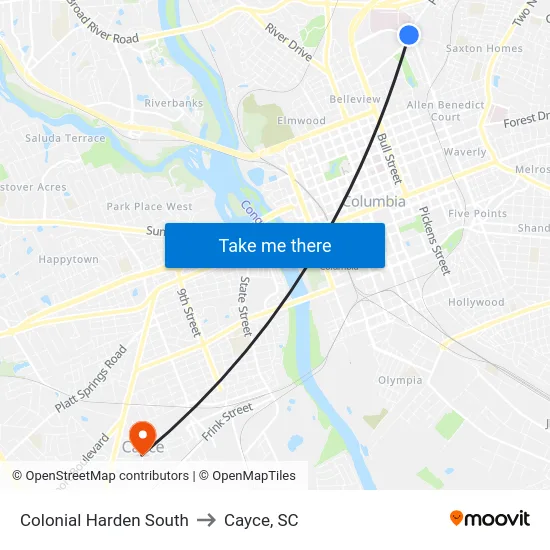Colonial Harden South to Cayce, SC map