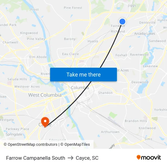 Farrow Campanella South to Cayce, SC map