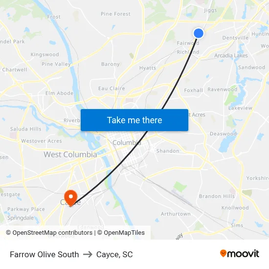 Farrow Olive South to Cayce, SC map