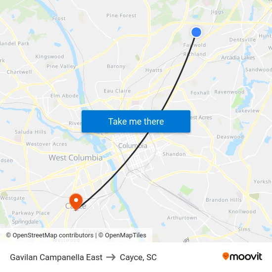Gavilan Campanella East to Cayce, SC map