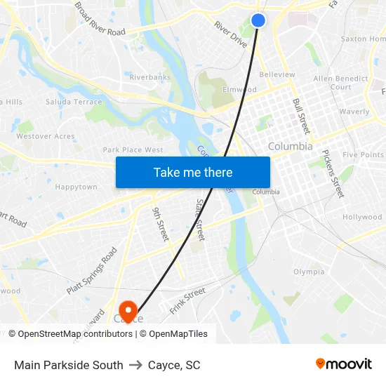 Main Parkside South to Cayce, SC map