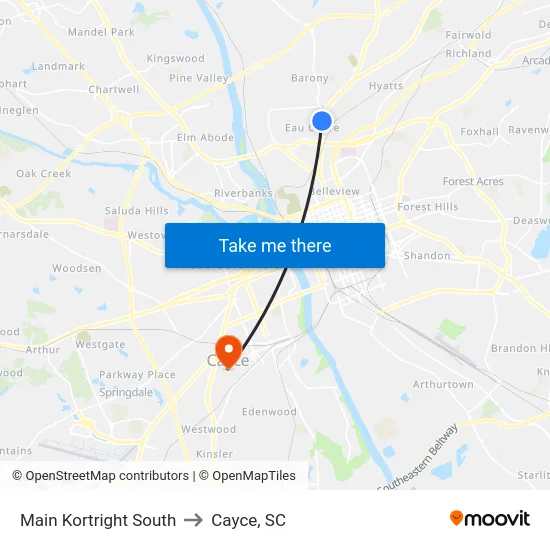 Main Kortright South to Cayce, SC map