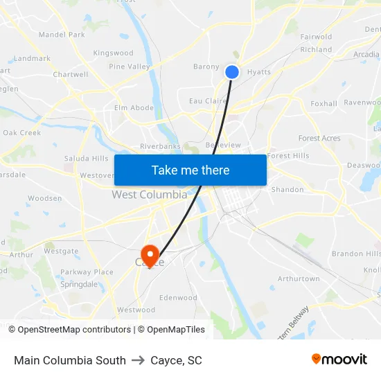 Main Columbia South to Cayce, SC map