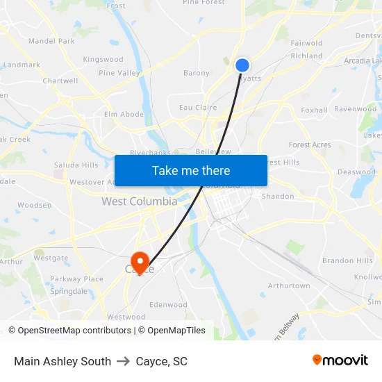 Main Ashley South to Cayce, SC map