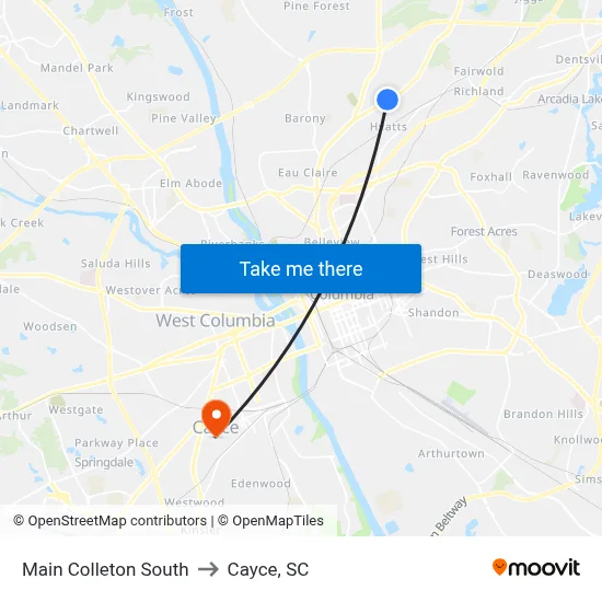 Main Colleton South to Cayce, SC map