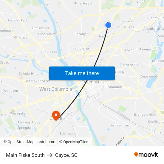 Main Fiske South to Cayce, SC map