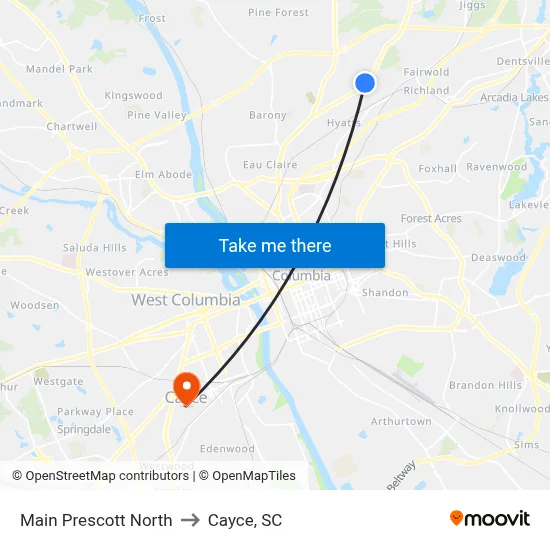 Main Prescott North to Cayce, SC map
