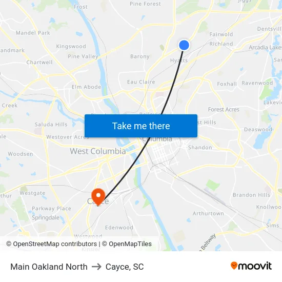 Main Oakland North to Cayce, SC map