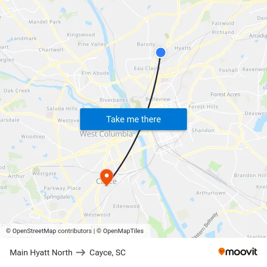 Main Hyatt North to Cayce, SC map