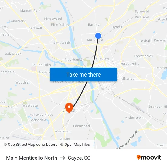 Main Monticello North to Cayce, SC map