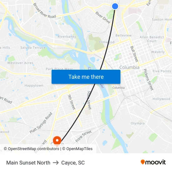 Main Sunset North to Cayce, SC map