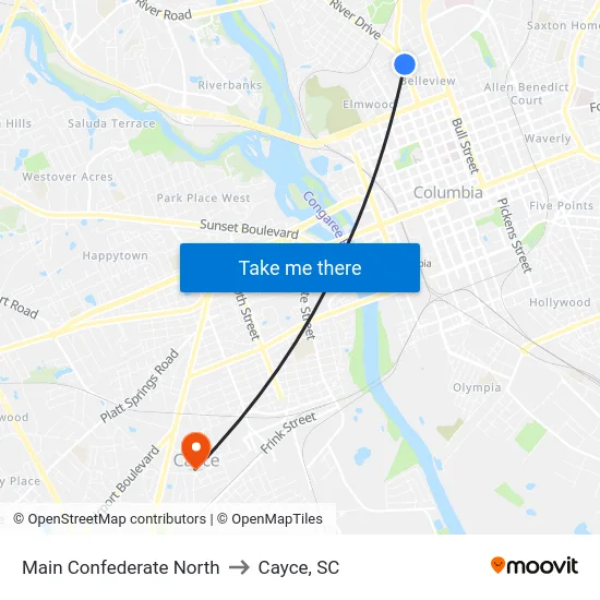 Main Confederate North to Cayce, SC map
