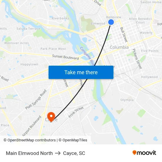 Main Elmwood North to Cayce, SC map