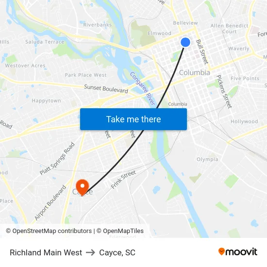 Richland Main West to Cayce, SC map