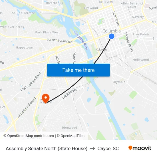 Assembly Senate North (State House) to Cayce, SC map
