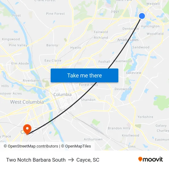 Two Notch Barbara South to Cayce, SC map