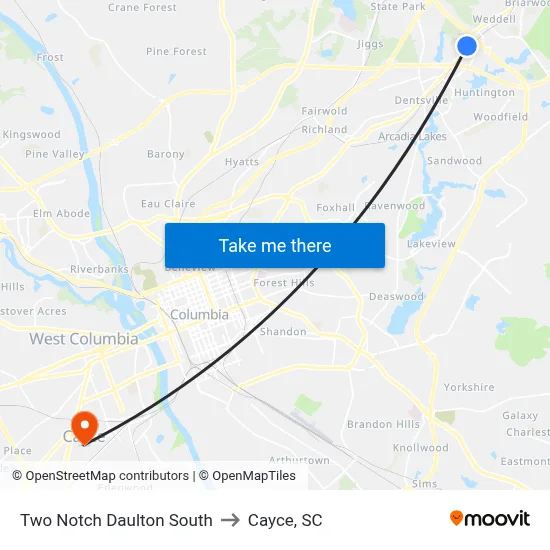 Two Notch Daulton South to Cayce, SC map
