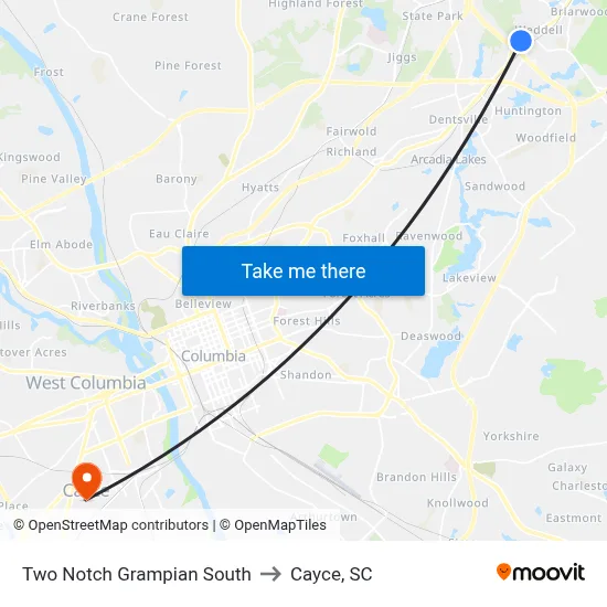 Two Notch Grampian South to Cayce, SC map