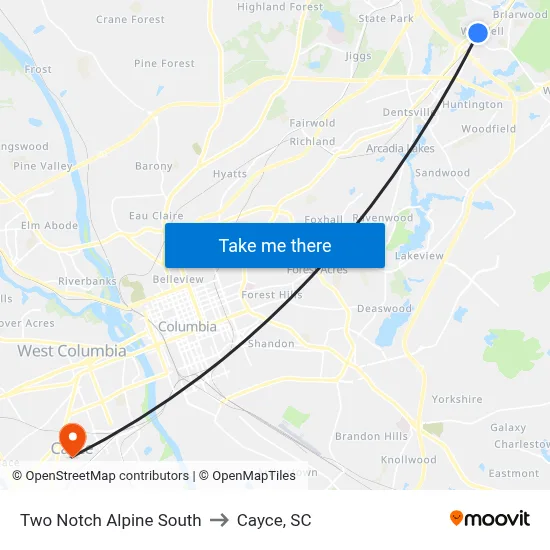 Two Notch Alpine South to Cayce, SC map