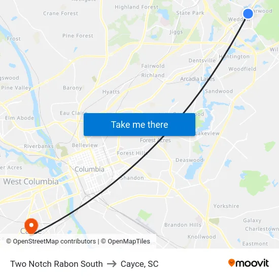 Two Notch Rabon South to Cayce, SC map