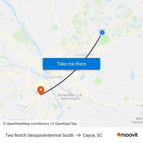 Two Notch Sesquicentennial South to Cayce, SC map