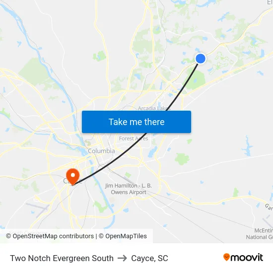 Two Notch Evergreen South to Cayce, SC map
