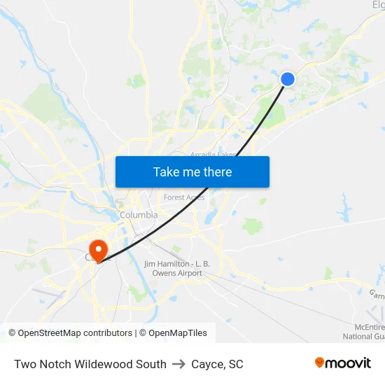Two Notch Wildewood South to Cayce, SC map