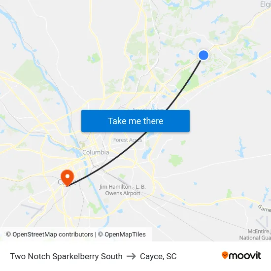 Two Notch Sparkelberry South to Cayce, SC map