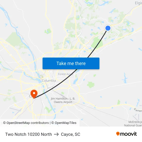 Two Notch 10200 North to Cayce, SC map