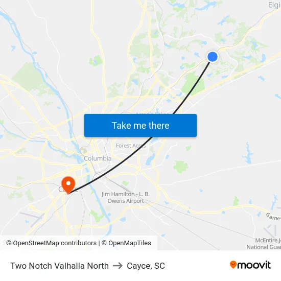 Two Notch Valhalla North to Cayce, SC map