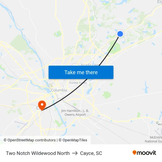 Two Notch Wildewood North to Cayce, SC map