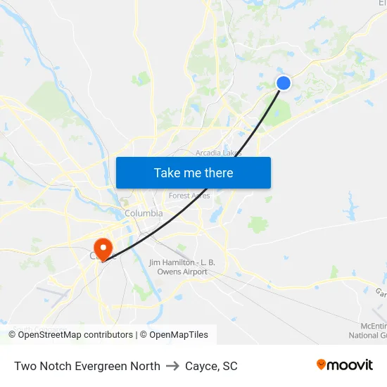 Two Notch Evergreen North to Cayce, SC map