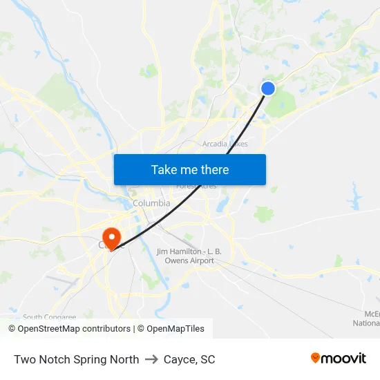 Two Notch Spring North to Cayce, SC map