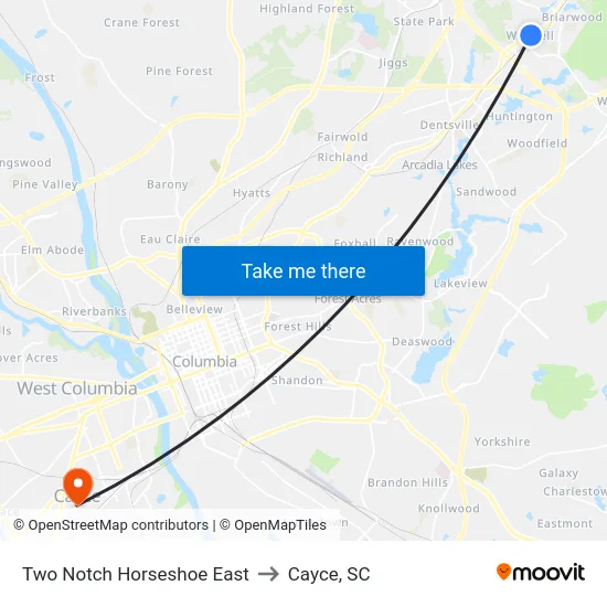 Two Notch Horseshoe East to Cayce, SC map