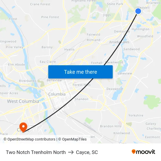 Two Notch Trenholm North to Cayce, SC map
