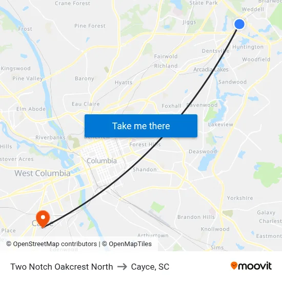 Two Notch Oakcrest North to Cayce, SC map