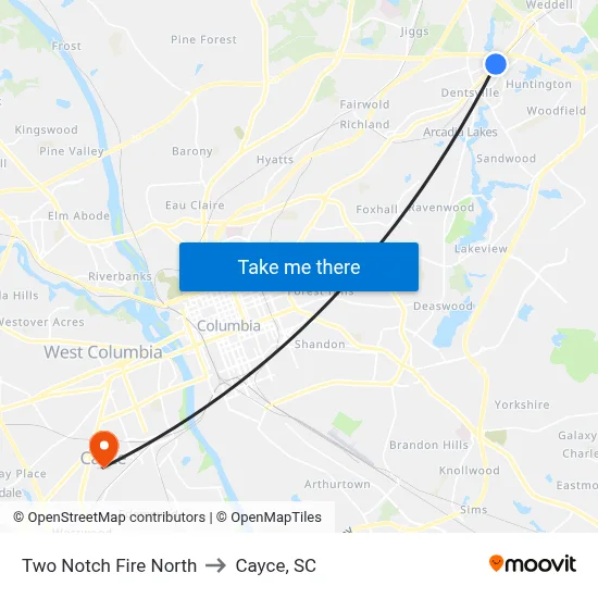 Two Notch Fire North to Cayce, SC map