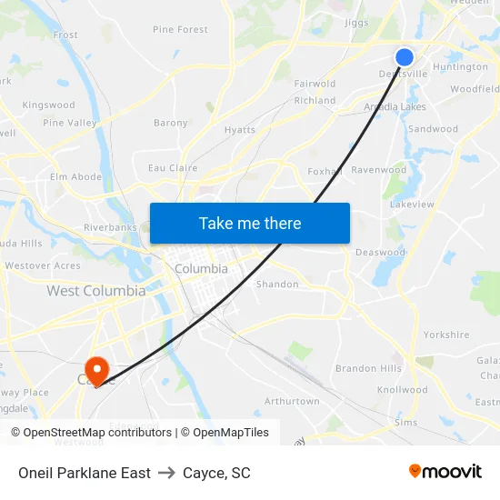 Oneil Parklane East to Cayce, SC map